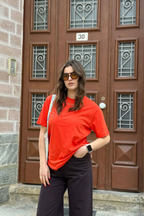 ONE COLOR SIMPLE ROUND NECK WOMEN T-SHIRT + 6 PAIR SOCKS DARK ORANGE/POE - 1