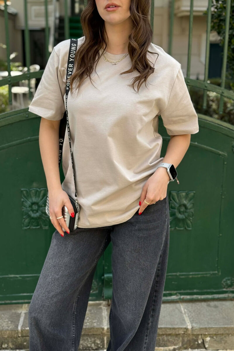 ONE COLOR SIMPLE ROUND NECK WOMEN T-SHIRT + 6 PAIR SOCKS LIGHT BEIGE/BZHZB - 4