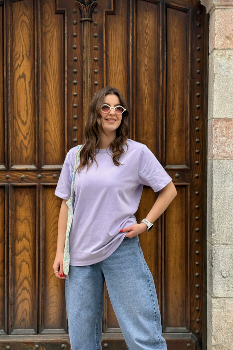 ONE COLOR SIMPLE ROUND NECK WOMEN T-SHIRT + 6 PAIR SOCKS LIGHT PURPLE/LEZB - 1