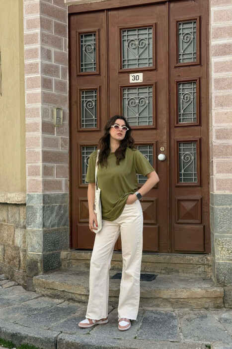 ONE COLOR SIMPLE ROUND NECK WOMEN T-SHIRT + 6 PAIR SOCKS OLIVE/ULLI - 4
