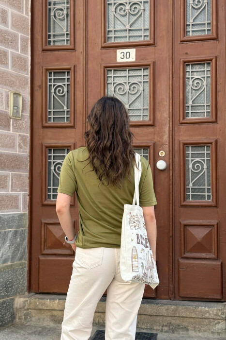ONE COLOR SIMPLE ROUND NECK WOMEN T-SHIRT + 6 PAIR SOCKS OLIVE/ULLI - 5