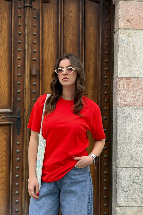 ONE COLOR SIMPLE ROUND NECK WOMEN T-SHIRT + 6 PAIR SOCKS RED/E KUQE - 1