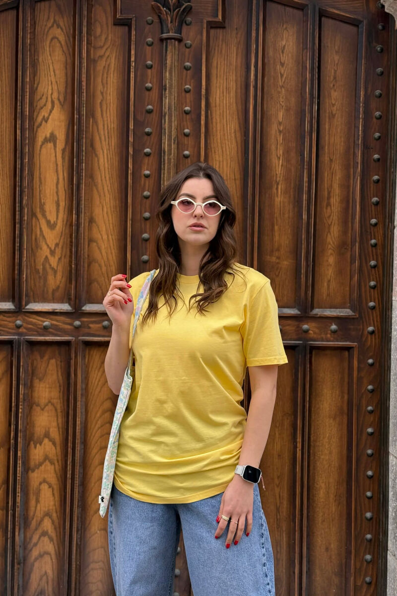 ONE COLOR SIMPLE ROUND NECK WOMEN T-SHIRT + 6 PAIR SOCKS YELLOW/E VERDHE - 1