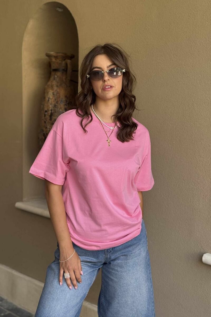 ONE COLOR SIMPLE ROUND NECK WOMEN T-SHIRT PINK/ROZE - 1