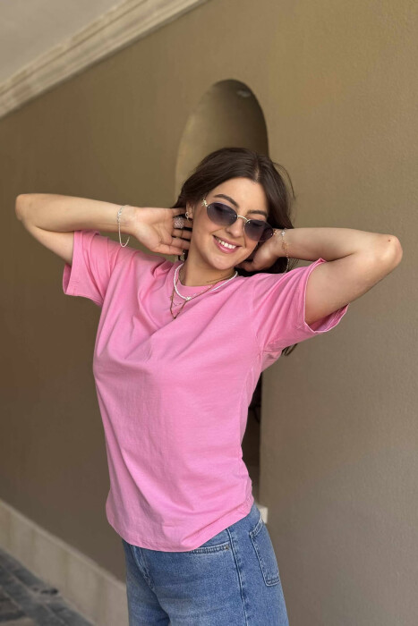 ONE COLOR SIMPLE ROUND NECK WOMEN T-SHIRT PINK/ROZE - 5