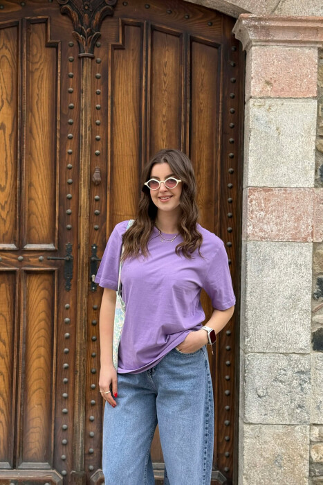 ONE COLOR SIMPLE ROUND NECK WOMEN T-SHIRT + 6 PAIR SOCKS PURPLE/LEJLA 