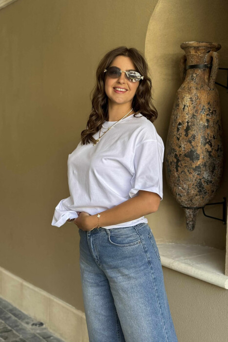 ONE COLOR SIMPLE ROUND NECK WOMEN T-SHIRT WHITE-E BARDHE - 3