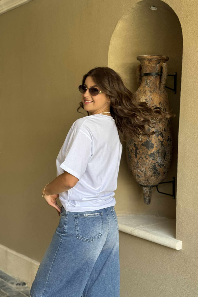 ONE COLOR SIMPLE ROUND NECK WOMEN T-SHIRT WHITE-E BARDHE - 4