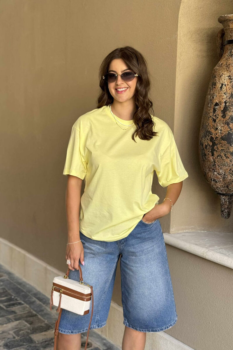 ONE COLOR SIMPLE ROUND NECK WOMEN T-SHIRT YELLOW/E VERDHE - 1