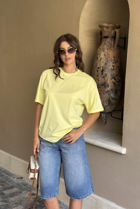 ONE COLOR SIMPLE ROUND NECK WOMEN T-SHIRT YELLOW/E VERDHE - 2
