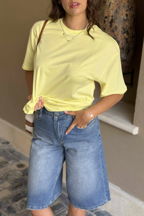 ONE COLOR SIMPLE ROUND NECK WOMEN T-SHIRT YELLOW/E VERDHE - 4