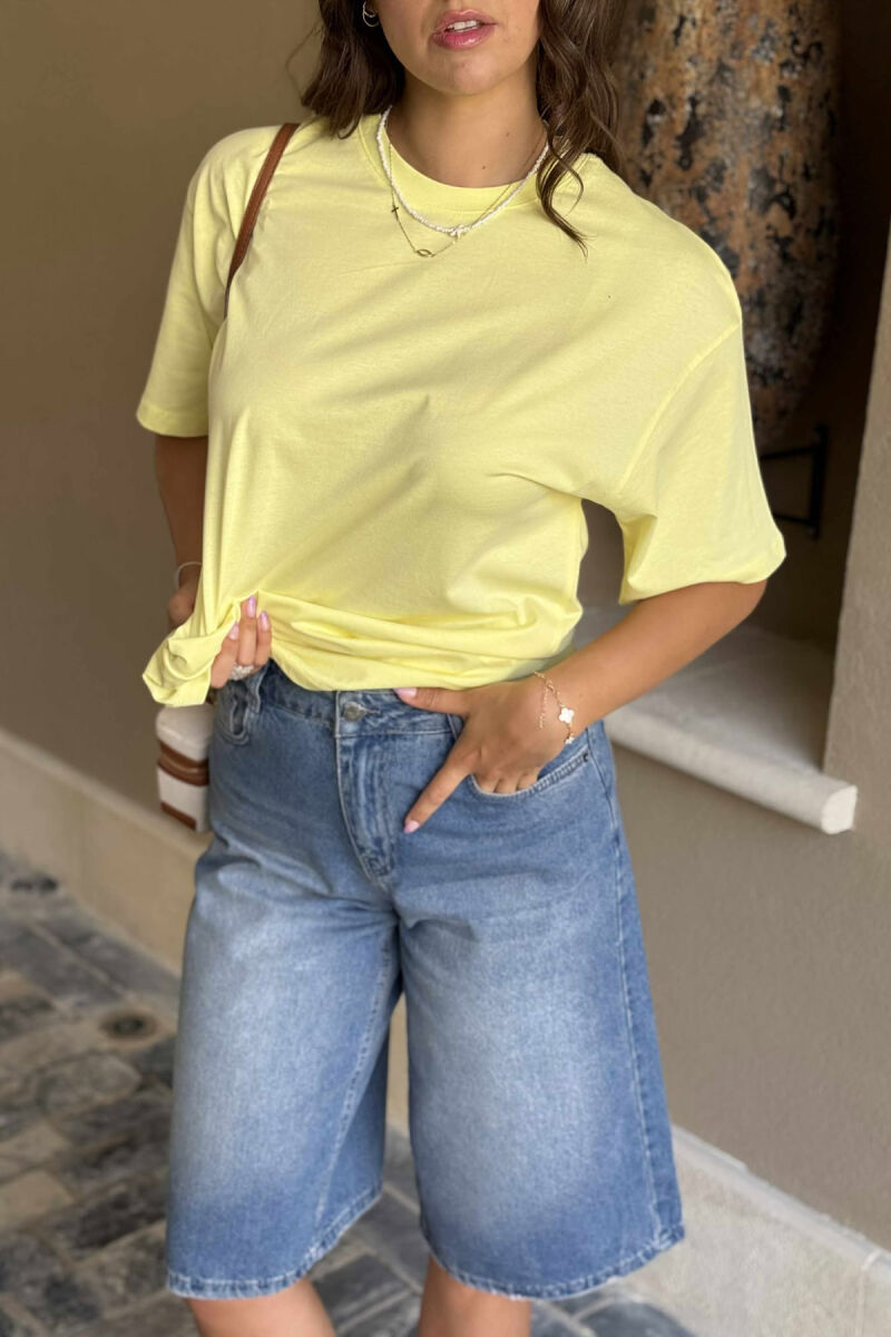 ONE COLOR SIMPLE ROUND NECK WOMEN T-SHIRT YELLOW/E VERDHE - 4