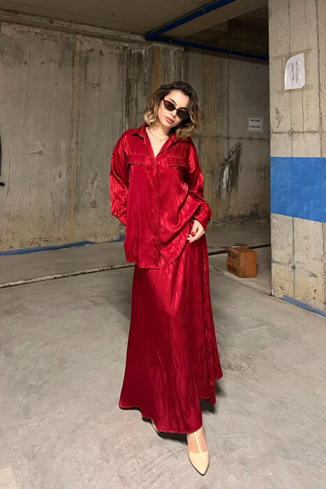 ONE COLOR SIMPLE SHIRT+SKIRT WOMEN SET BURGUNDY/VISHNJE - 1