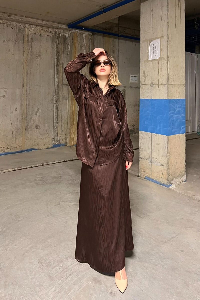 ONE COLOR SIMPLE SHIRT+SKIRT WOMEN SET DARK BROWN/KAE - 1