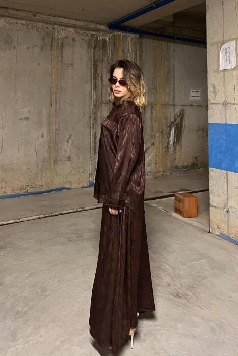 ONE COLOR SIMPLE SHIRT+SKIRT WOMEN SET DARK BROWN/KAE - 2