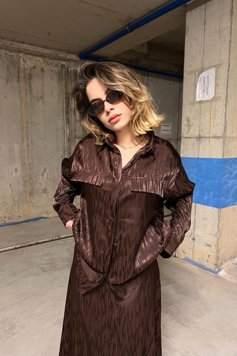 ONE COLOR SIMPLE SHIRT+SKIRT WOMEN SET DARK BROWN/KAE - 3