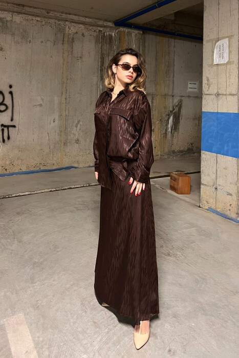 ONE COLOR SIMPLE SHIRT+SKIRT WOMEN SET DARK BROWN/KAE - 4