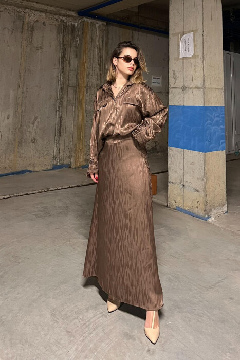 ONE COLOR SIMPLE SHIRT+SKIRT WOMEN SET LIGHT BROWN/KAZB - 1
