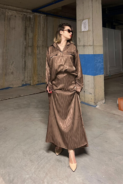 ONE COLOR SIMPLE SHIRT+SKIRT WOMEN SET LIGHT BROWN/KAZB - 2