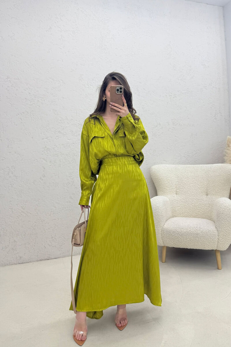 ONE COLOR SIMPLE SHIRT+SKIRT WOMEN SET LIGHT GREEN/JEZB - 1