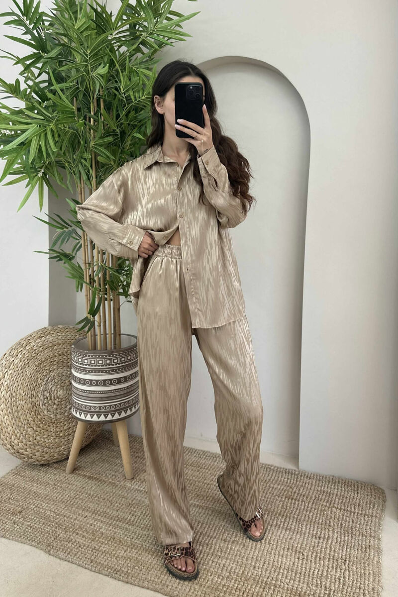 ONE COLOR SIMPLE SHIRT+TROUSERS WOMEN SET BEIGE/BEZHE - 1