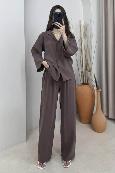 ONE COLOR SIMPLE SHIRT+TROUSERS WOMEN SET BROWN/KAFE - 1