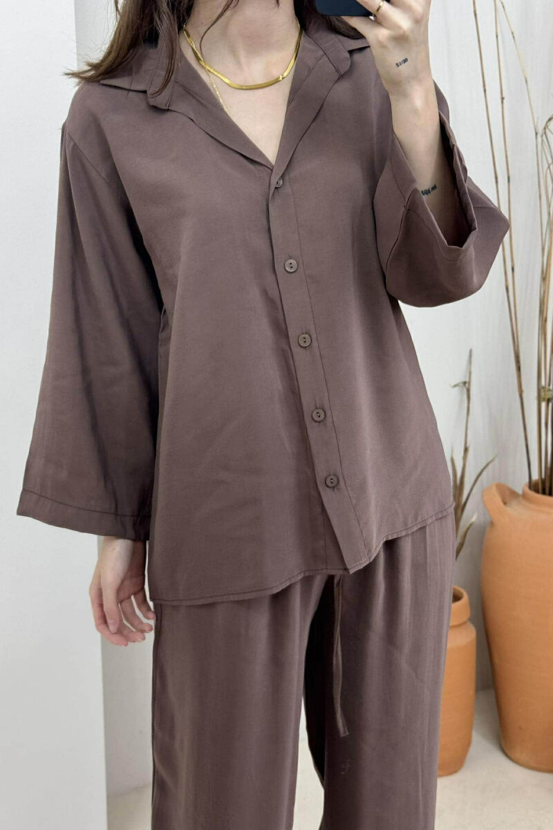 ONE COLOR SIMPLE SHIRT+TROUSERS WOMEN SET BROWN/KAFE - 3