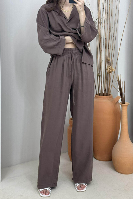 ONE COLOR SIMPLE SHIRT+TROUSERS WOMEN SET BROWN/KAFE - 4