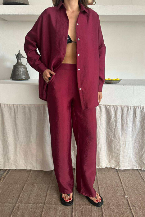 ONE COLOR SIMPLE SHIRT+TROUSERS WOMEN SET BURGUNDY/VISHNJE - 2