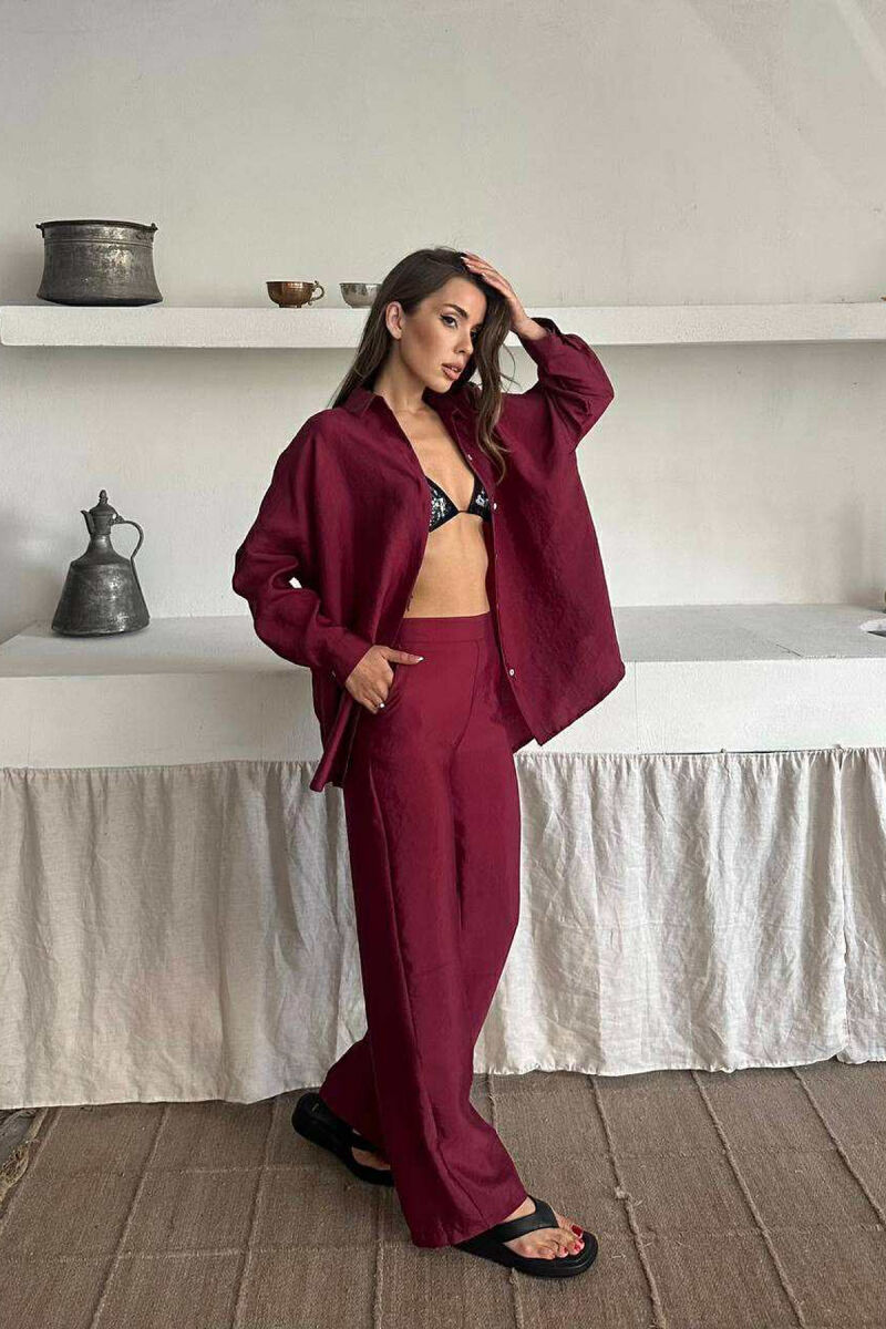 ONE COLOR SIMPLE SHIRT+TROUSERS WOMEN SET BURGUNDY/VISHNJE - 3