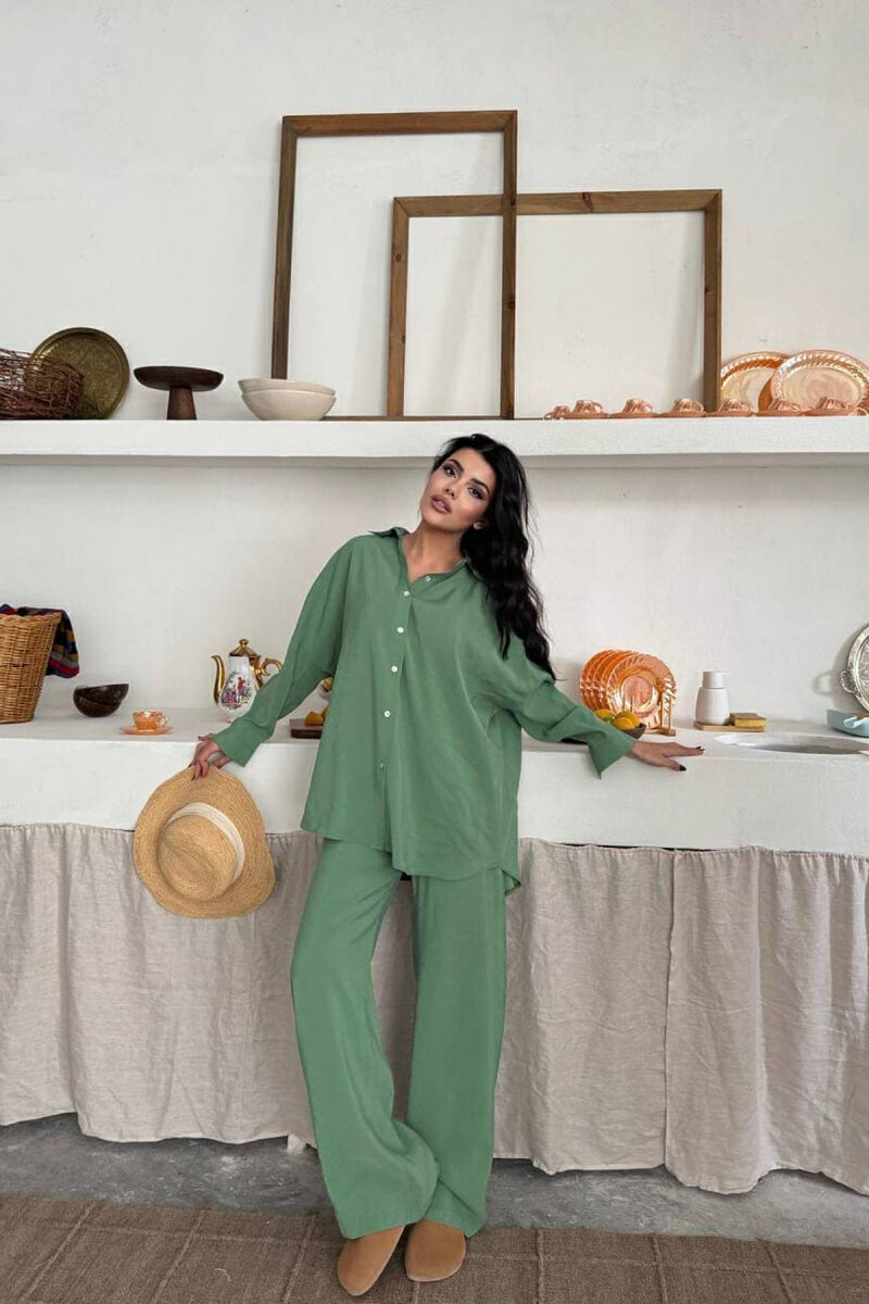ONE COLOR SIMPLE SHIRT+TROUSERS WOMEN SET GREEN/JESHILE - 1