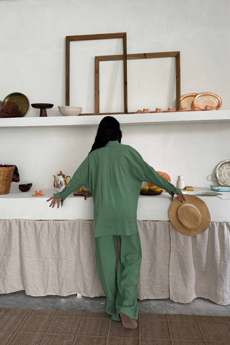 ONE COLOR SIMPLE SHIRT+TROUSERS WOMEN SET GREEN/JESHILE - 2