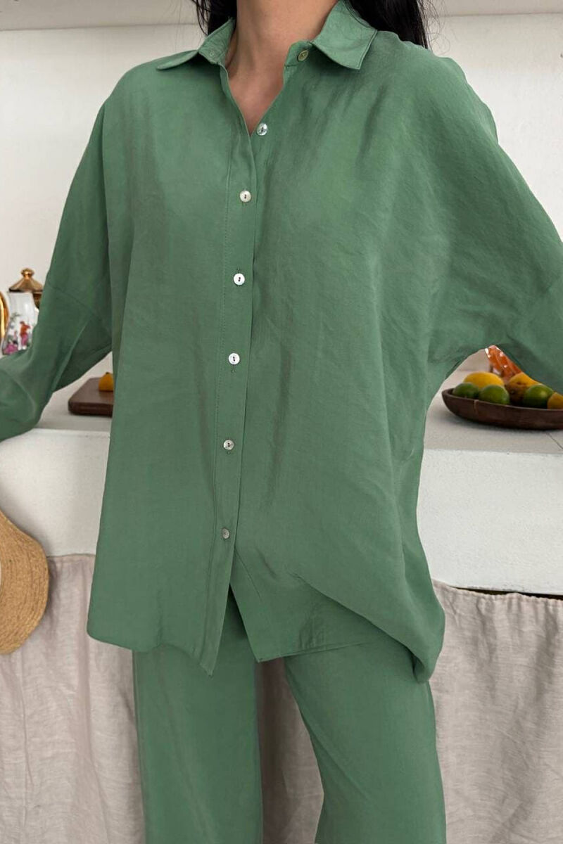 ONE COLOR SIMPLE SHIRT+TROUSERS WOMEN SET GREEN/JESHILE - 3