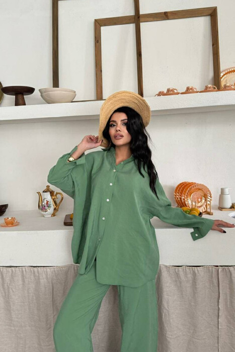 ONE COLOR SIMPLE SHIRT+TROUSERS WOMEN SET GREEN/JESHILE - 4