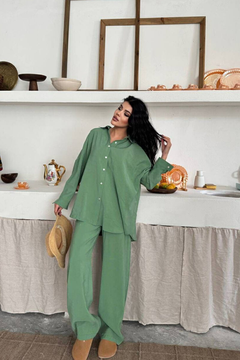 ONE COLOR SIMPLE SHIRT+TROUSERS WOMEN SET GREEN/JESHILE - 5