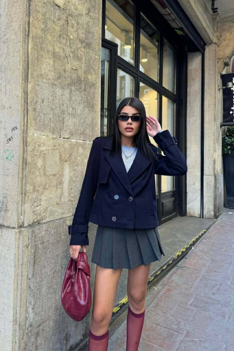 ONE COLOR SIMPLE SHORT WOMEN COAT DARK BLUE/BEE - KLAUDIO FASHION