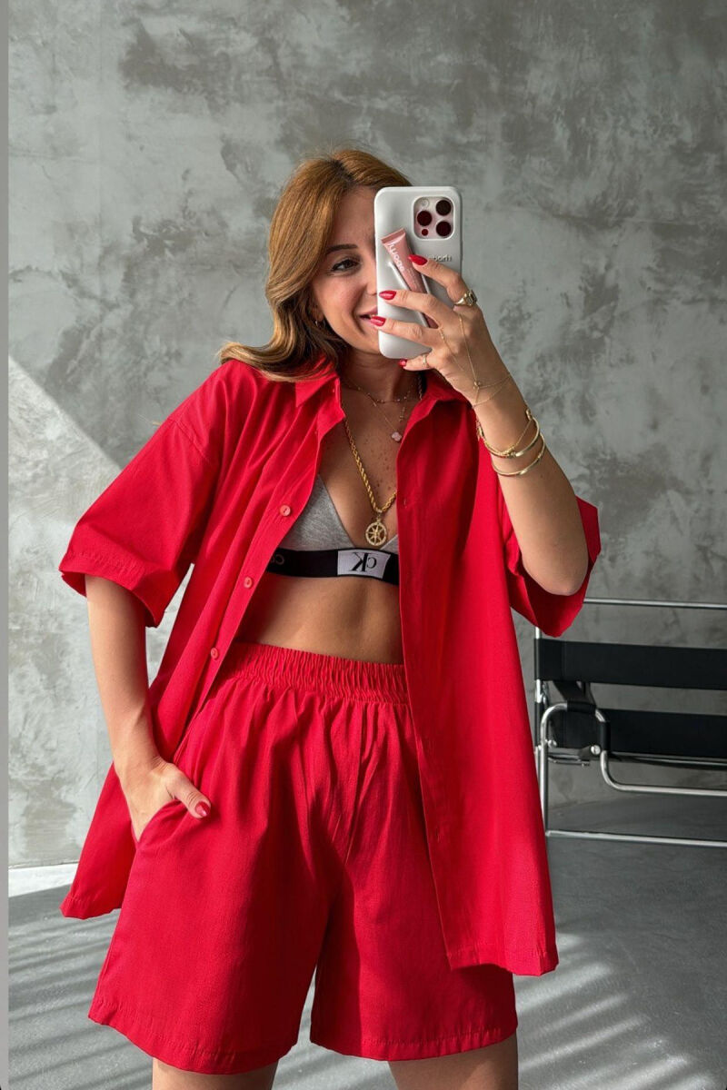 ONE COLOR SIMPLE SHORTS+SHIRT WOMEN SET RED/E KUQE - 1