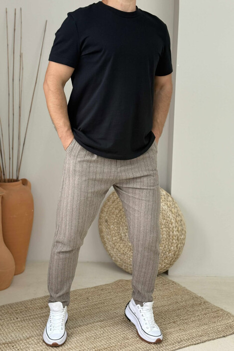 ONE COLOR SIMPLE STRIPES MEN PANTS BROWN/KAFE - KLAUDIO FASHION