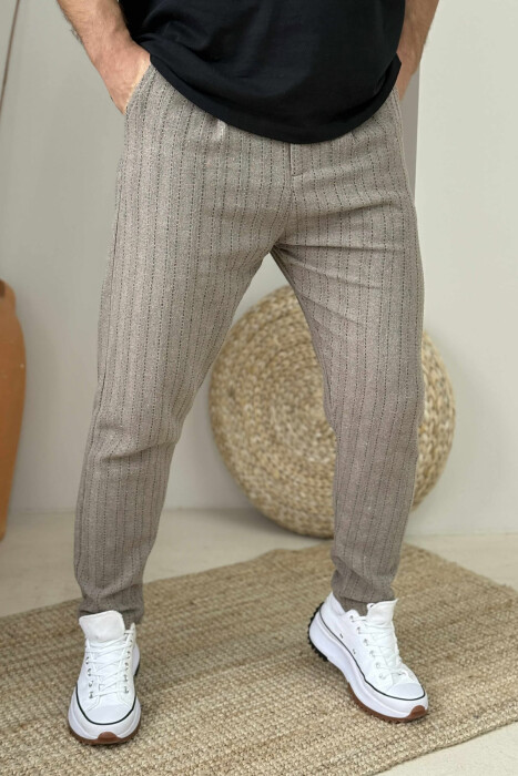 ONE COLOR SIMPLE STRIPES MEN PANTS BROWN/KAFE - KLAUDIO FASHION