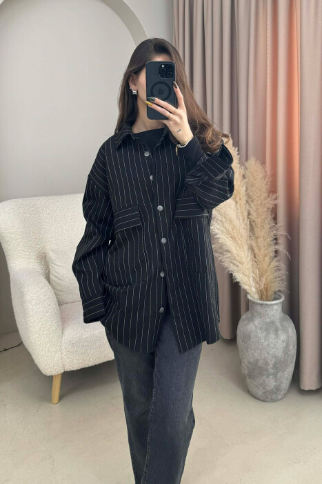 ONE COLOR SIMPLE STRIPES WOMEN SHIRT BLACK/ E ZEZE - 5