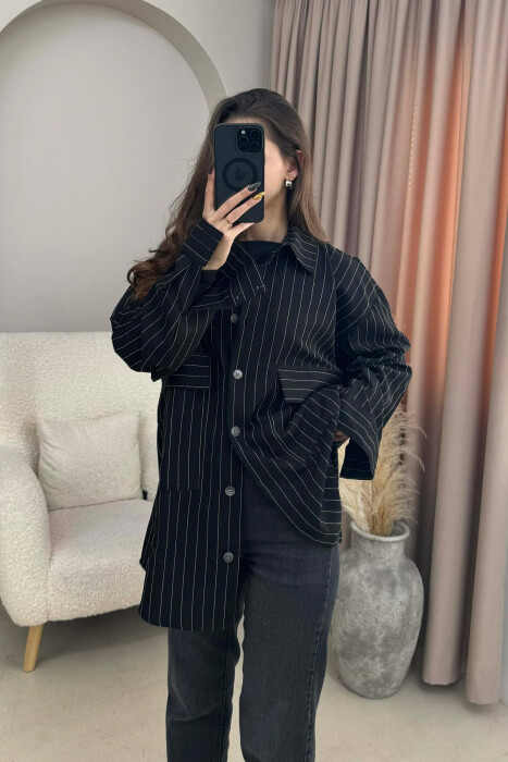 ONE COLOR SIMPLE STRIPES WOMEN SHIRT BLACK/ E ZEZE - KLAUDIO FASHION