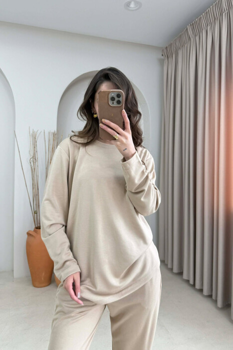 ONE COLOR SIMPLE SWEATSHIRT + SWEATPANTS WOMAN SET BEIGE/BEZHE - 5