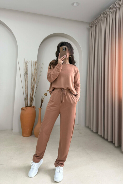 ONE COLOR SIMPLE SWEATSHIRT + SWEATPANTS WOMAN SET BRICK/TULLE - 1