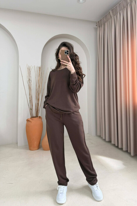ONE COLOR SIMPLE SWEATSHIRT + SWEATPANTS WOMAN SET BROWN/KAFE 