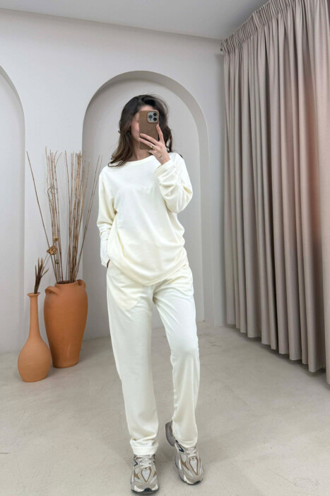 ONE COLOR SIMPLE SWEATSHIRT + SWEATPANTS WOMAN SET CREAM/KREM 
