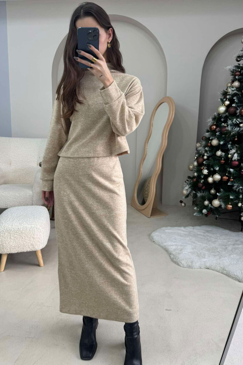 ONE COLOR SIMPLE SWEATSHIRT+SKIRT WOMEN SET BEIGE/BEZHE - 2