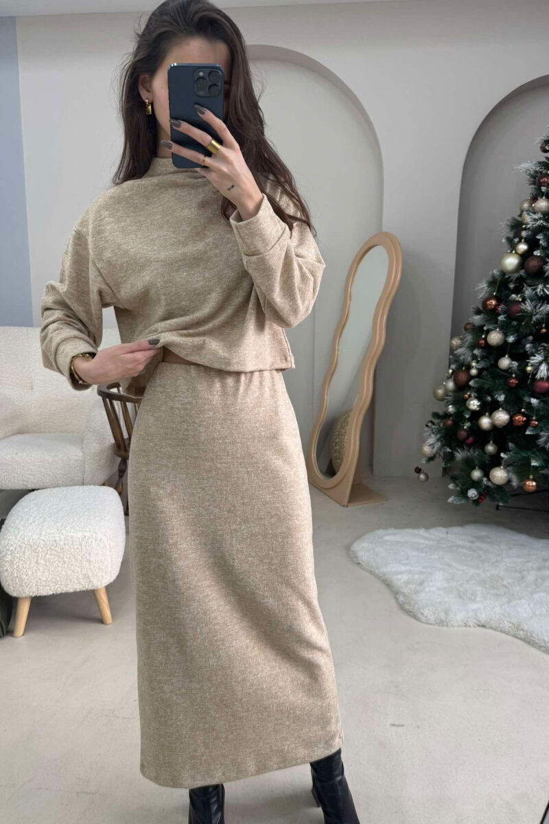 ONE COLOR SIMPLE SWEATSHIRT+SKIRT WOMEN SET BEIGE/BEZHE - 3