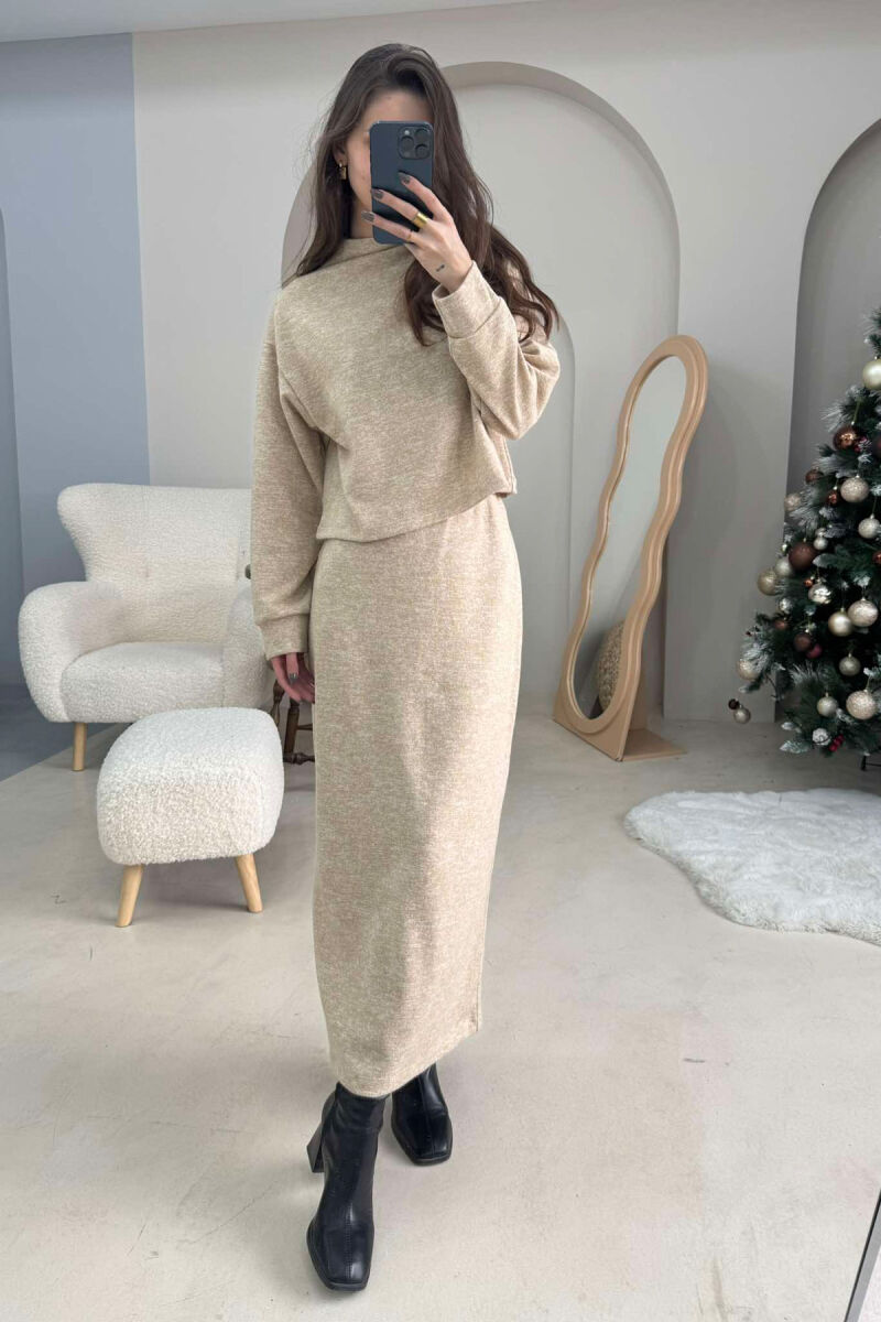 ONE COLOR SIMPLE SWEATSHIRT+SKIRT WOMEN SET BEIGE/BEZHE - 4