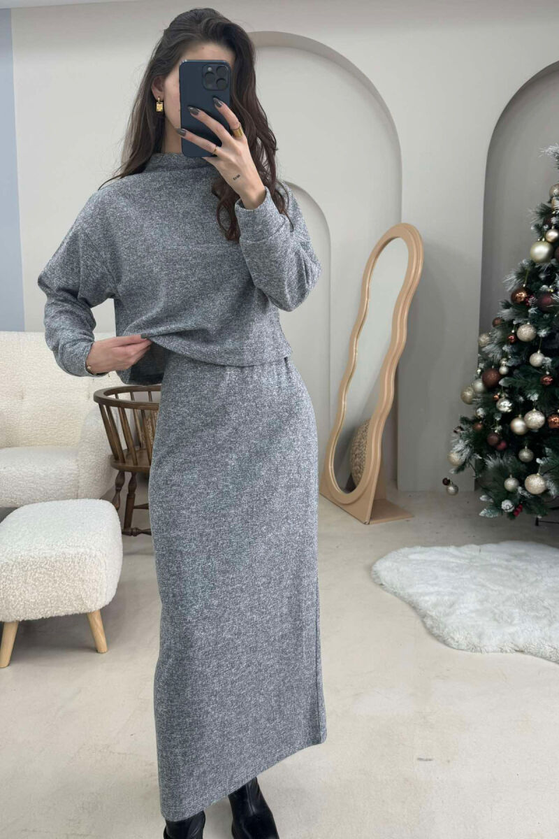 ONE COLOR SIMPLE SWEATSHIRT+SKIRT WOMEN SET GREY/GRI - 2