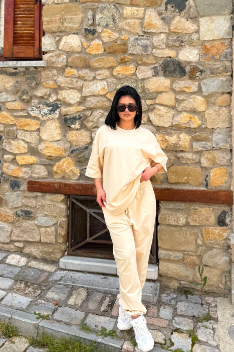 ONE COLOR SIMPLE T-SHIRT + JOGGERS WOMAN SET BEIGE/BEZHE - 4